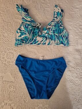Women’s Tropical Print Bikini Set Blue Green Two Piece Swimsuit – Size XL